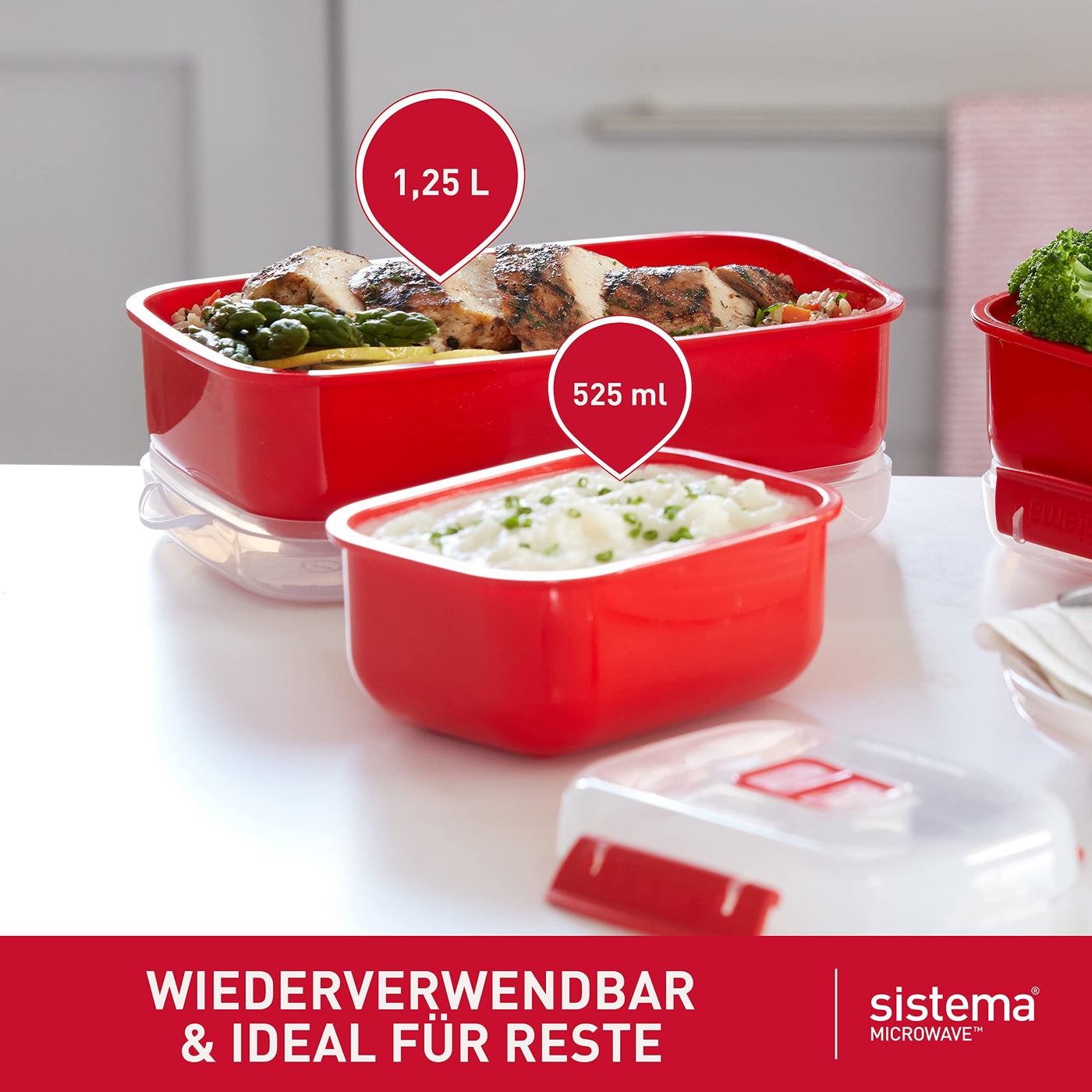Sistema Microwave-Heat & Eat Frischhaltedosen Set | 4 rechteckige Mikrowellen-Vorratsdosen mit Deckeln (2 x 1,25 l + 2 x 525 ml) | verschließbare Clips und Belüftungsventile | BPA-frei [82005]