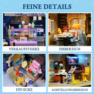 FUNWHOLE Stadtleben Eisdiele Klemmbausteine Haus,Modular Building mit Beleuchtung,F9078,Gelato Store