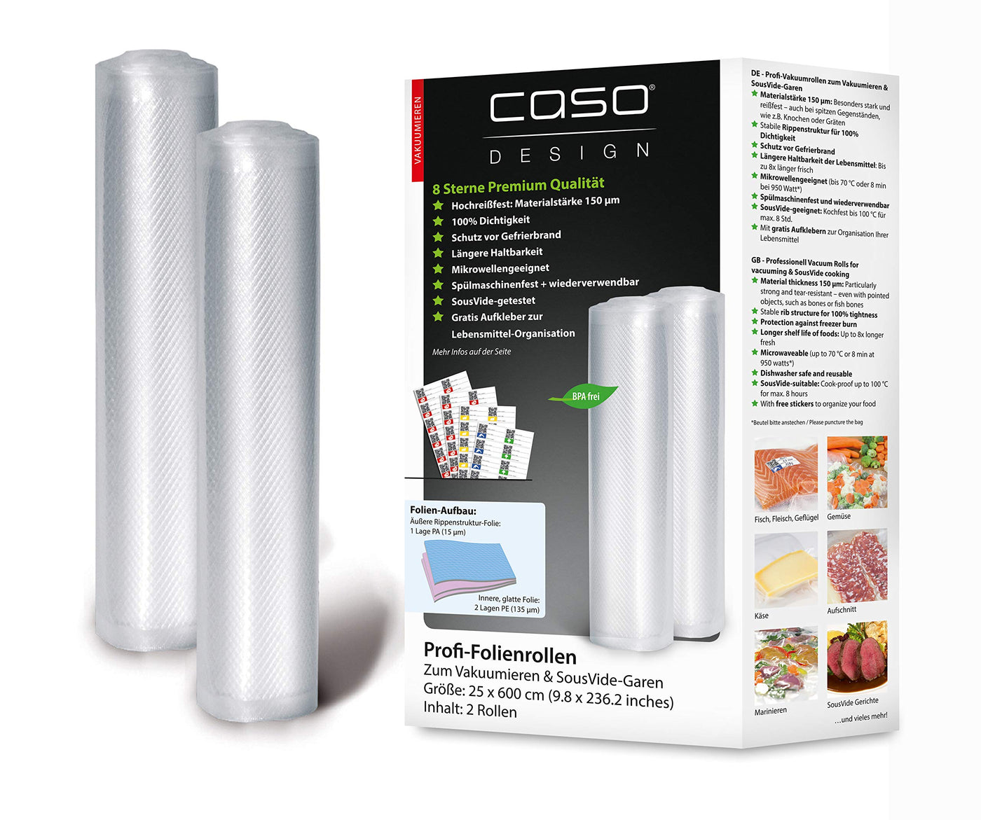 CASO Profi- Folienrollen 25x600 cm / 2 Rollen, für alle Vakuumierer, BPA-frei, sehr stark & reißfest ca. 150µm, aromadicht, kochfest, Sous Vide, wiederverwendbar, inkl. Food Manager Sticker