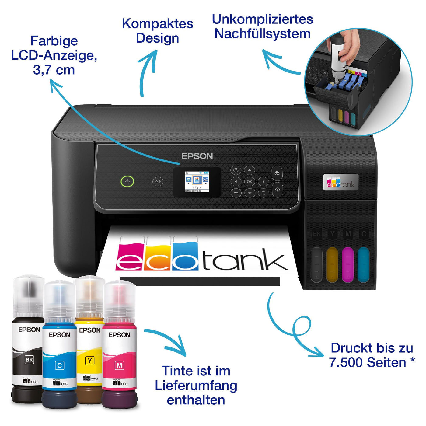 EcoTank ET-2870 A4-Multifunktions-Wi-Fi-Tintentankdrucker, mit einem im Lieferumfang enthaltenen Vorrat an Tinten bis zu 3 Jahren