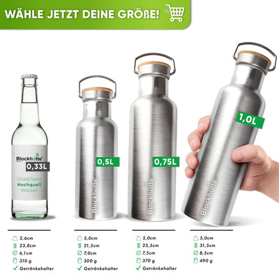 Blockhütte Premium Edelstahl Trinkflasche isoliert I 500ml I mit Flaschenbürste I Die iso Trinkflasche ist auslaufsicher I Wasserflasche spülmaschinenfest für Kinder, Schule I BPA Frei