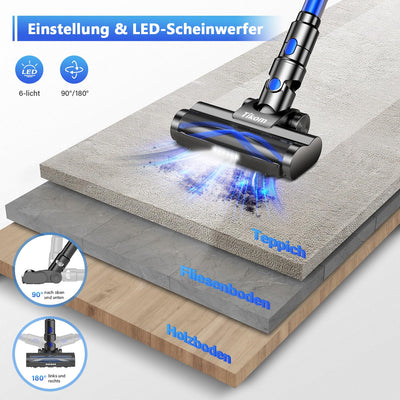Tikom V700 Akku Staubsauger 450W 33000pa Saugkraft, 40Mins Max, 6 in 1 Staubsauger Kabellos mit 1.3L Staubbehälter, für Teppich, Tierhaare, Hartboden, Blau
