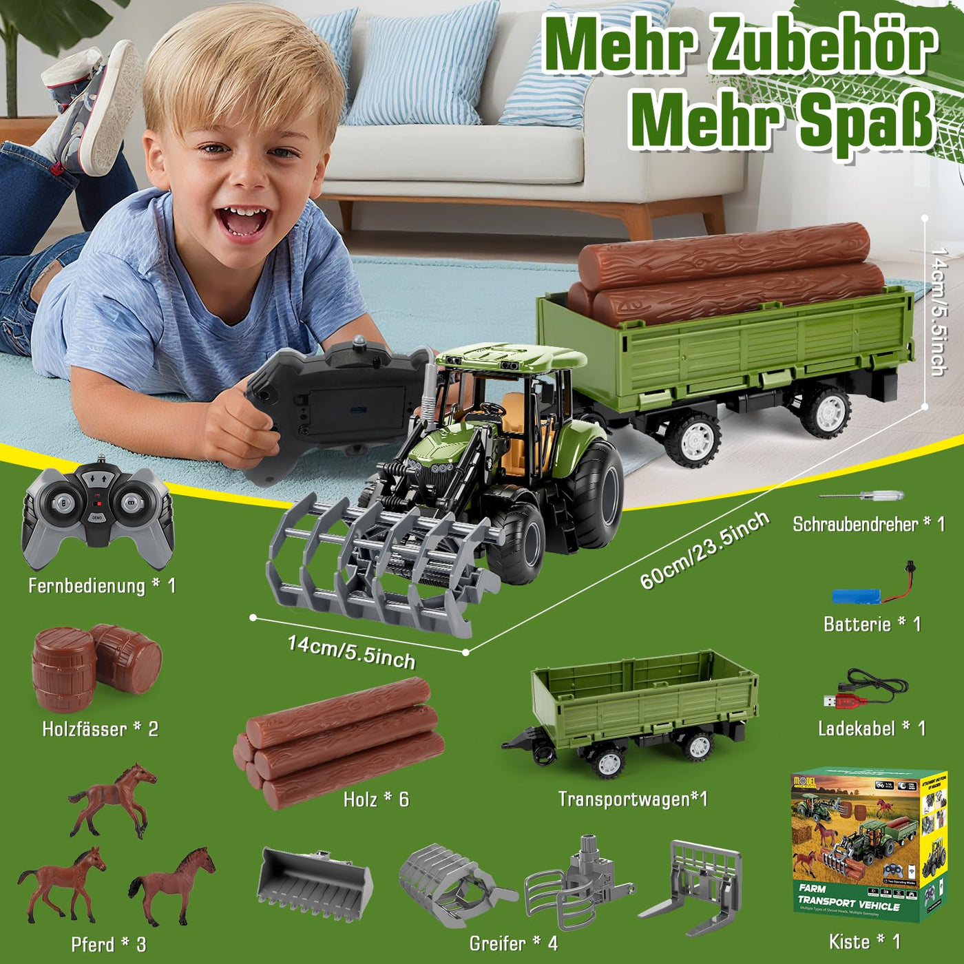 Herenear Ferngesteuerter Traktor für Kinder, Großes RC Traktors Spielzeug- Mit Bluetooth, 2.4 GHz Fernbedienung, Traktor Ferngesteuert mit Anhänger, Bauernhof Fahrzeug Spielzeug Kinder ab 3 4 5 6 7