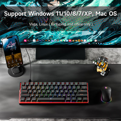 KEMOVE K61SE 60% mechanische Gaming-Tastatur mit linearen roten Schaltern, Anti-Ghosting LED-Hintergrundbeleuchtung Typ-C Datenkabel Ultrakompakte 61 Tasten Mini-Tastatur (Schwarze)