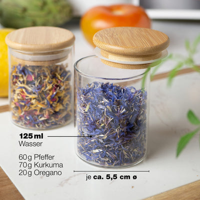 Moritz & Moritz 12 Gewürzgläser Set je 125ml - Gewürzdosen Glas inkl. Tafelsticker & Kreidestift – Luftdichte Gewürzgläser mit Bambusdeckel für Gewürze, Kräuter & Tee