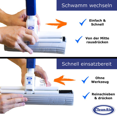 CleanAid OneTouch Magic Wischmopp Bodenwischer - saugstarker PVA Schwamm - Schwammwischmopp mit Auswringfunktion - Tierhaarentferner, optimal für alle glatten Oberflächen, Fliesen, Laminat, Holzboden