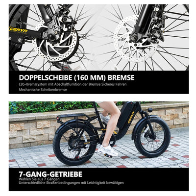 CEAYA Elektrofahrrad 20 Zoll Pedelec Aluminium Ebike Herren Damen Fat E Bike Elektro City Fahrräder mit Akku 15Ah, 3.0" Fat Tires,Gabelfederung,LED-Lichter,7 Gang