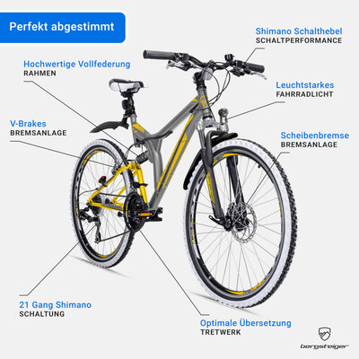 Bergsteiger Phoenix 26 Zoll Mountainbike, geeignet ab 160 cm, Scheibenbremse, Licht, Schutzblech, 21 Gang-Schaltung, Vollfederung