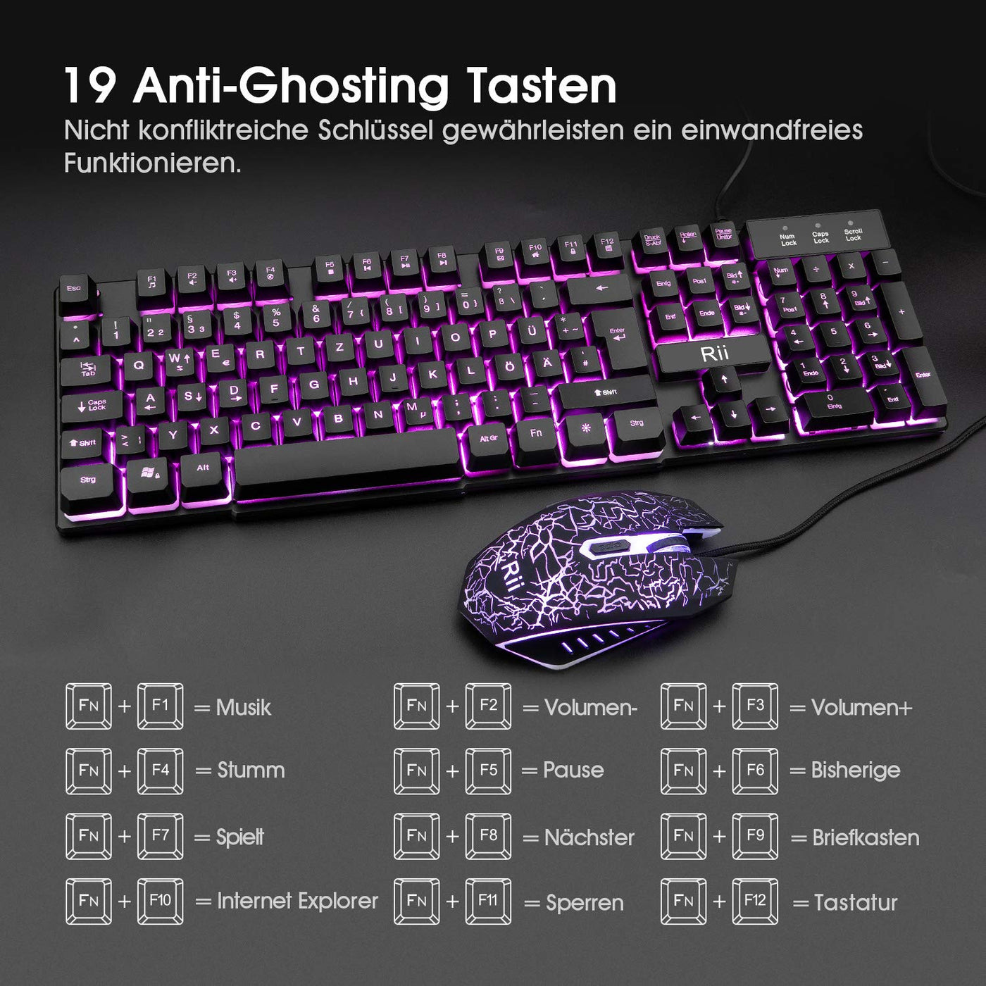 Rii Gaming Tastatur und Maus Set, 3 LED Hintergrundbeleuchtung, ideal für Gaming und Büro, kompatibel mit PC (DE-Layout, Schwarz)
