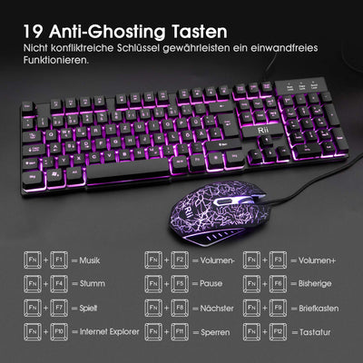 Rii Gaming Tastatur und Maus Set, 3 LED Hintergrundbeleuchtung, ideal für Gaming und Büro, kompatibel mit PC (DE-Layout, Schwarz)