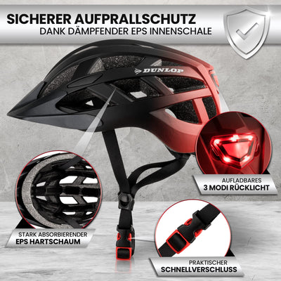 Dunlop Sports Fahrradhelm mit Licht-Sofort gesehen Werden-Ultraleichter Spezial Damen Herren Kinder Fahrrad Helm mit Visier und Rücklicht für hohe Sicherheit-Urban Helm (Schwarz/Rot, M (55-59 cm))