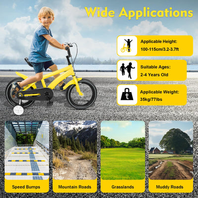 WAPHOERTE 14-Zoll-Kinderfahrrad Anfängerfahrrad mit Stützrädern, Trainingsfahrzeug für 2-4-Jährige Jungen und Mädchen, Höhenverstellbar, Maximal zulässiges Gewicht 50 kg, Gelb + Schwarz
