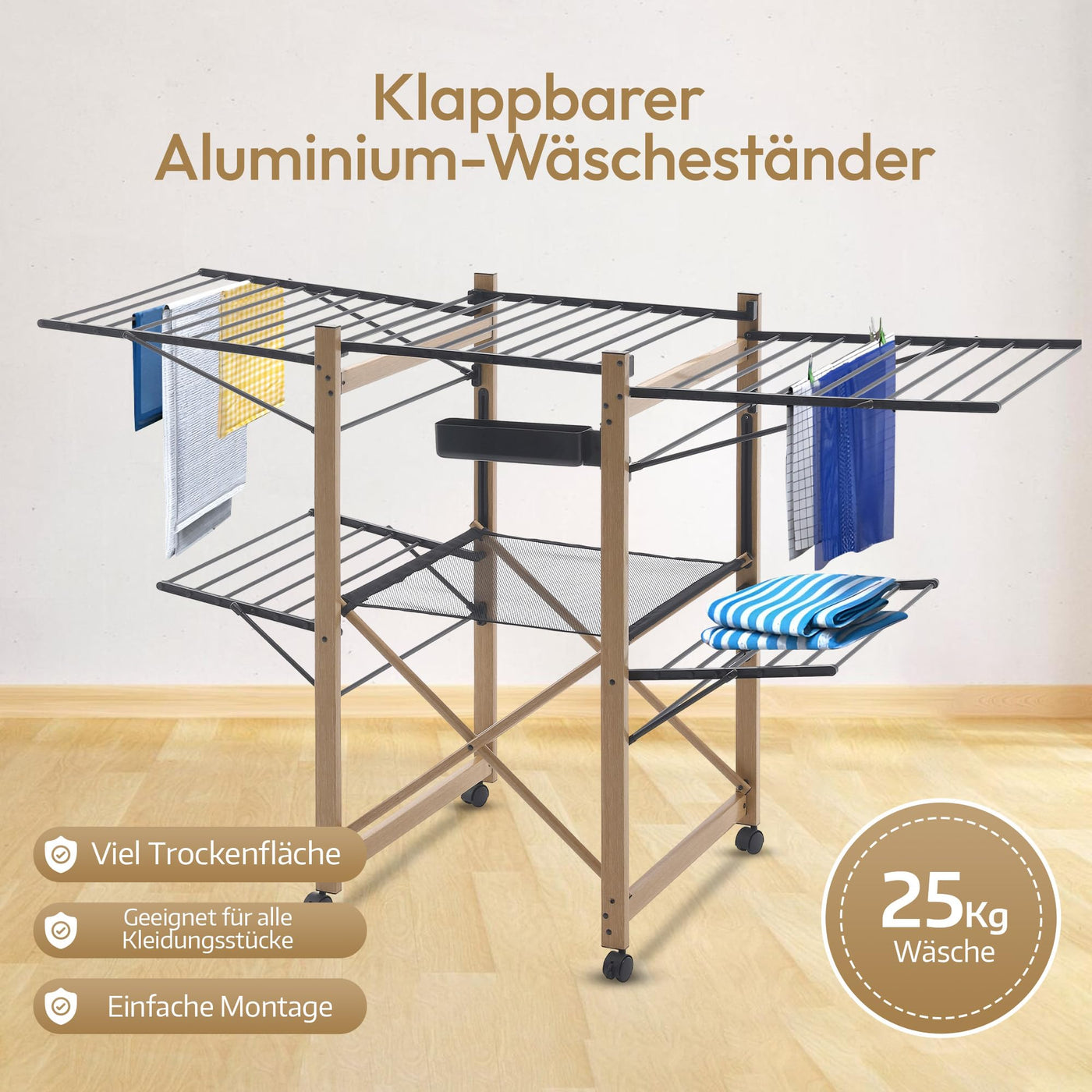 Meisterhome® Wäscheständer Standtrockner 30m Trockenleinenlänge, Flügelwäscheständer, Flügelwäschetrockner platzsparend, Metall, für Kleidung, Handtücher, Wäsche - Schwarz