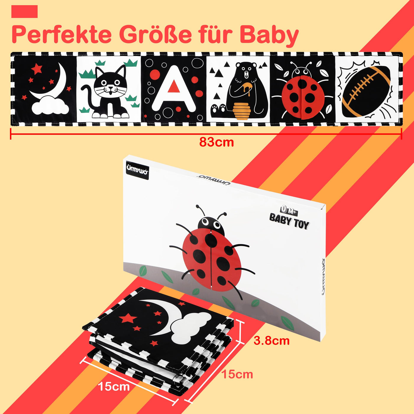 URMYWO Kontrastbuch Baby, Schwarz Weiß Doppelseitig Baby Stoffbuch, Soft Bilderbuch aus Stoff mit Spiegeln, Kinderwagen Kontrast Spielzeug Baby 0 3 6 Monate Geschenk für Babys