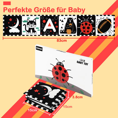 URMYWO Kontrastbuch Baby, Schwarz Weiß Doppelseitig Baby Stoffbuch, Soft Bilderbuch aus Stoff mit Spiegeln, Kinderwagen Kontrast Spielzeug Baby 0 3 6 Monate Geschenk für Babys