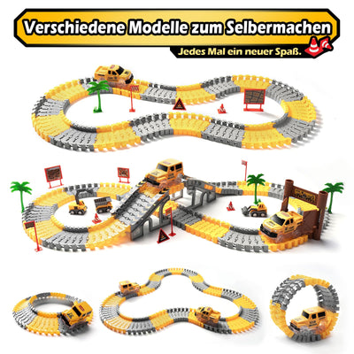 Autorennbahn ab 3 4 5 6 7 8 Jahre, 264 Stück 5 Cars Bagger Spielzeug Autorennbahn Rennbahn 2 Glow Elektroautos,3 Bauwagen,Flexibles DIY Gleis-Set Flexible Track Kran Spiele