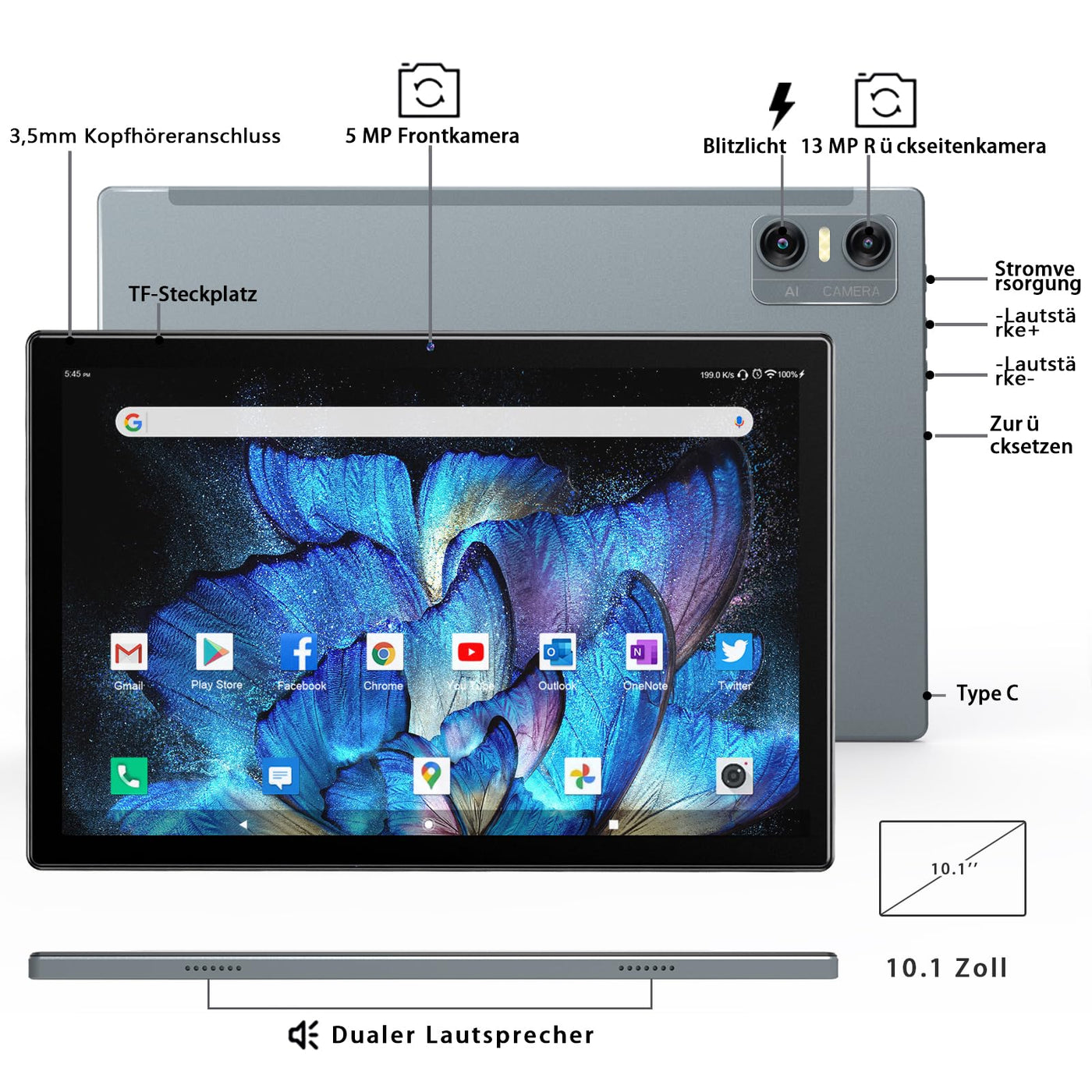 KADYBE Android 14 Tablet 10 Zoll, 64GB ROM (1TB TF),Tablet mit Tastatur Maus Stift, WLAN 6 Tablett PC | Octa-Core | Google GMS | 5+13 MP | 7000 mAh | 1080FHD | GPS- Grau