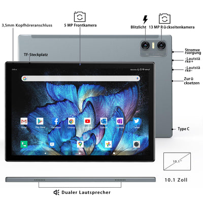 KADYBE Android 14 Tablet 10 Zoll, 64GB ROM (1TB TF),Tablet mit Tastatur Maus Stift, WLAN 6 Tablett PC | Octa-Core | Google GMS | 5+13 MP | 7000 mAh | 1080FHD | GPS- Grau