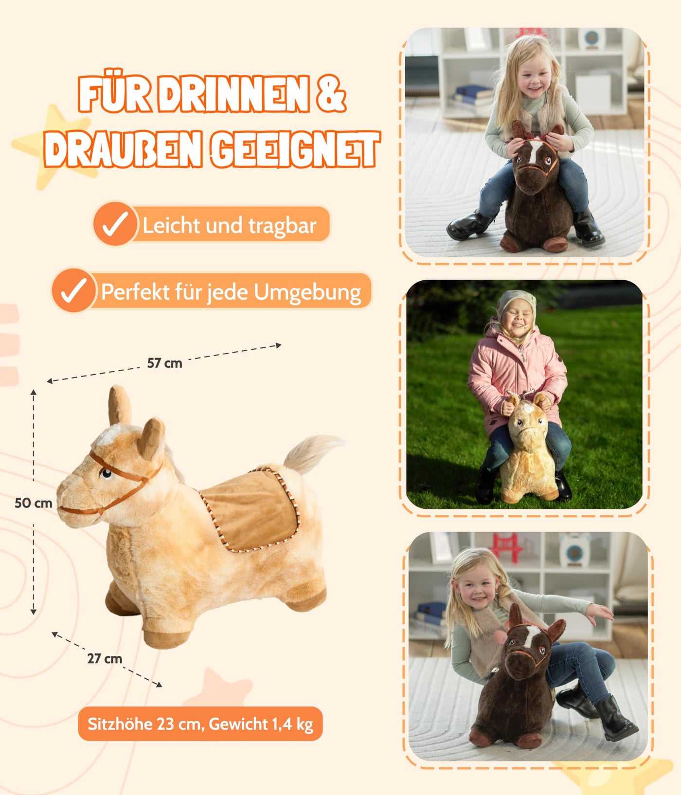 Bayer Chic 2000® Aufblasbares Hüpftier – Braunes Pferd –Mit weichem abnehmbarem Bezug & Luftpumpe – Perfekt für Mädchen & Jungen – Ab 18 Monaten, Braun