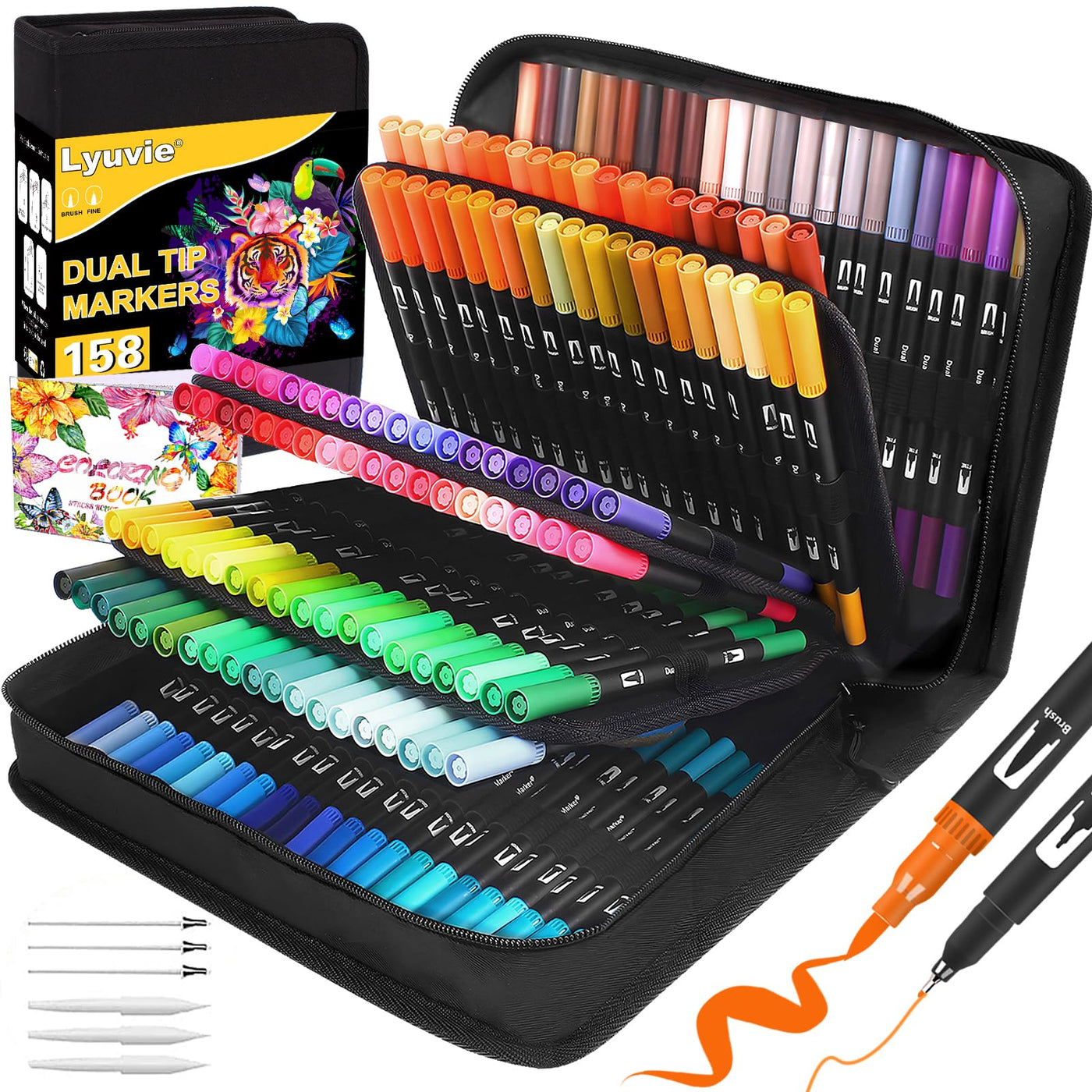 Lyuvie 158 Filzstifte Dual Brush Pen Set-Filzstifte Dicke und Dünne Pinselstifte Fineliner mit Schwarzem Etui,Marker & Filzstifte für Erwachsene Zeichnen Lettering Skizzieren Weihnachten