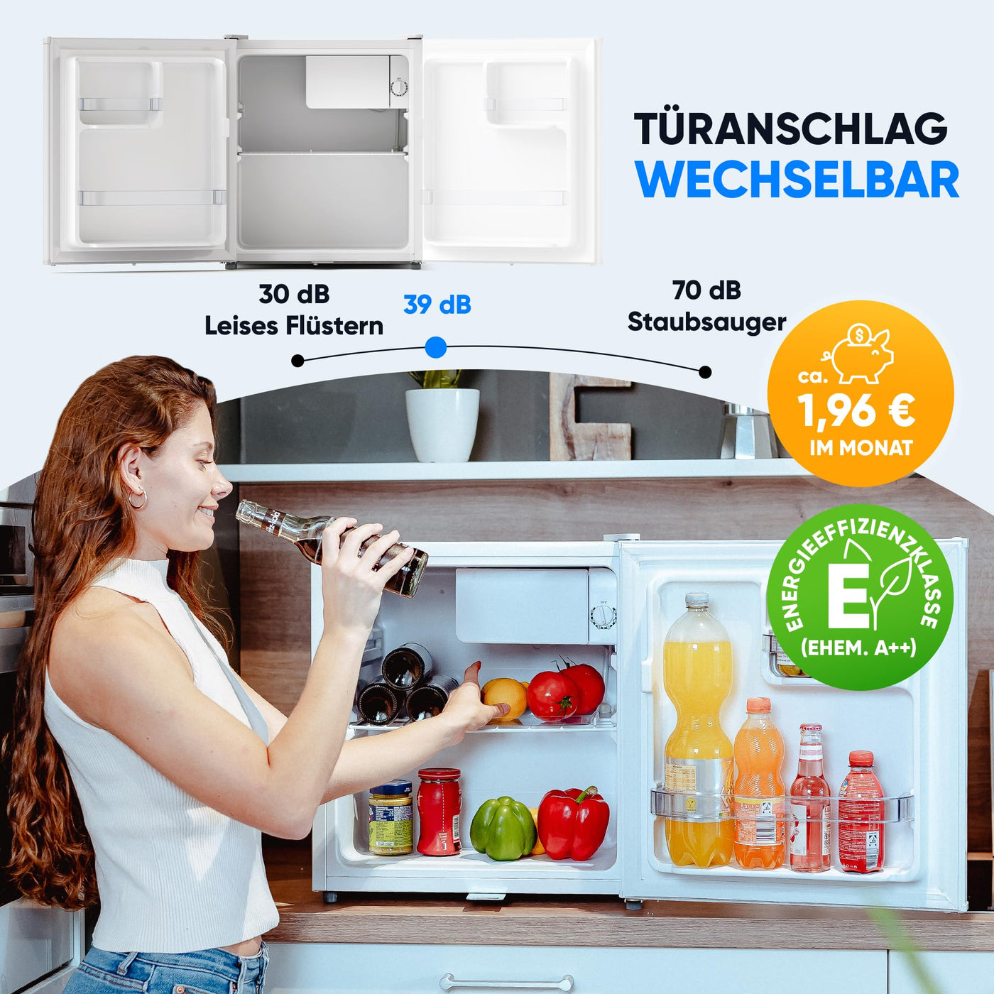 Stillstern Mini Kühlschrank E 45L mit Abtauautomatik, Schloss, Frostfach, Leise, Ideal für Küche, Büro, Schlafzimmer, Hotels und kleine Wohnungen Kühlschrank klein Minibar Getränkekühlschrank