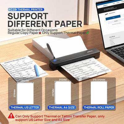 POLONO D810 Thermodrucker A4 Wireless für Reisen, Mobiler Drucker A4 Unterstützung für 8.5"x11" US Brief, Tragbarer drucker Kompatibel mit iOS, Android, Laptop für Büro, Auto, Schwarz