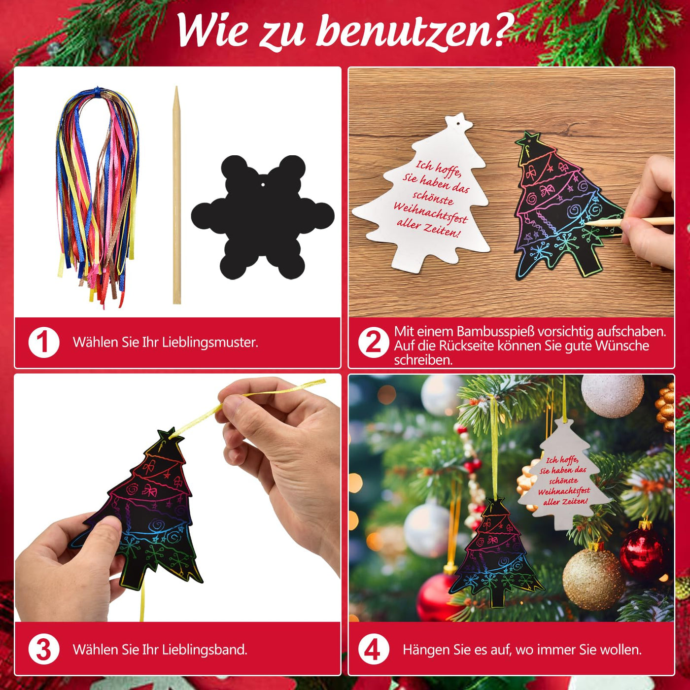 48 Stück Weihnachten Kratzbilder für Kinder, Regenbogen Scratch Art Set Kratzpapier zum Basteln, Scratch Paper mit 8 Holzstiften 48 Bändern Für Weihnachtsdeko, Adventskalender Füllung Für Kinder
