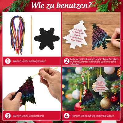 48 Stück Weihnachten Kratzbilder für Kinder, Regenbogen Scratch Art Set Kratzpapier zum Basteln, Scratch Paper mit 8 Holzstiften 48 Bändern Für Weihnachtsdeko, Adventskalender Füllung Für Kinder