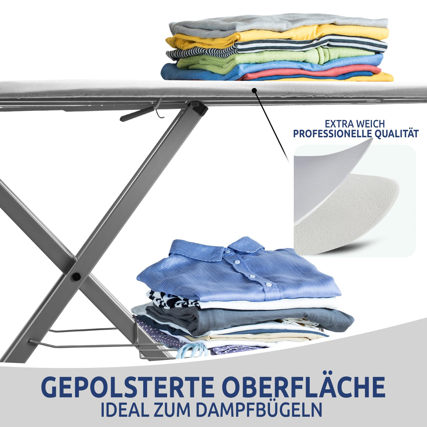 STAHLMANN ® XXL-Bügelbrett für Dampfbügelstation [130x48 Bügelfläche]– Bügeltisch [Made IN EU] – extra stabiles Bügelbrett – Bügelbrettbezug [100% Baumwolle]