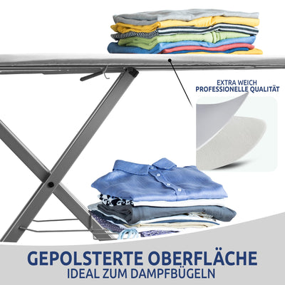 STAHLMANN ® XXL-Bügelbrett für Dampfbügelstation [130x48 Bügelfläche]– Bügeltisch [Made IN EU] – extra stabiles Bügelbrett – Bügelbrettbezug [100% Baumwolle]