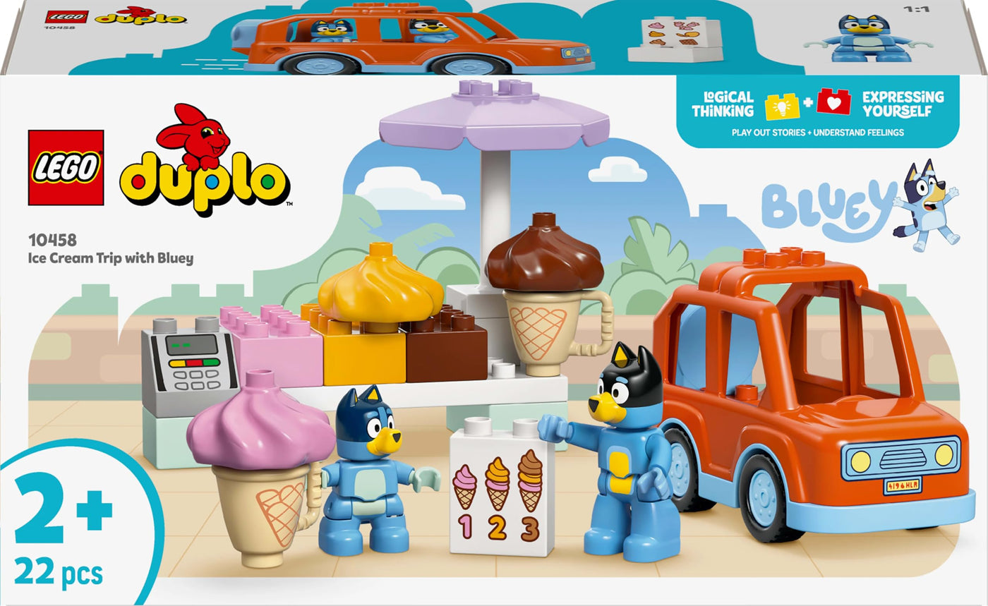 LEGO DUPLO Bluey: Ice Cream Trip with Bluey - Educational Motor Skills Toy for Toddlers, with a Toy Car and Ice Cream Stand, Plus 2 Figures incl. Bandit - Gift for 2+ Year Old Girls & Boys - 10458