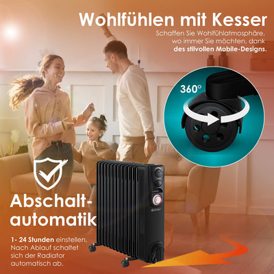 KESSER® Ölradiator Elektrische Heizung mit 13 Rippen 2500W Öl Radiator Elektroheizung Mobil Timer Lüfter Abschaltautomatik stufenlose Temperaturregelung Überhitzungsschutz, Zwangsluft Schwarz