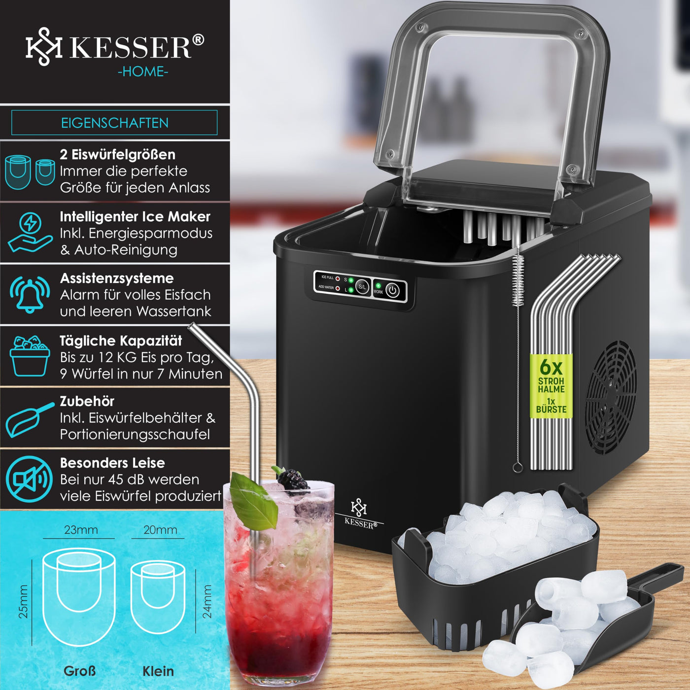 KESSER® Eiswürfelbereiter | Eiswürfelmaschine Edelstahl | Ice Maker | 12 kg 24 h | Zubereitung in 7 min | 2,2 Liter Wassertank | 2 Eiswürfel-Größen | LED-Display | Selbstreinigungsfunktion | Schwarz