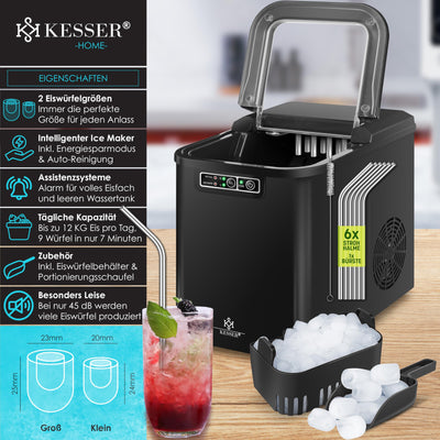 KESSER® Eiswürfelbereiter | Eiswürfelmaschine Edelstahl | Ice Maker | 12 kg 24 h | Zubereitung in 7 min | 2,2 Liter Wassertank | 2 Eiswürfel-Größen | LED-Display | Selbstreinigungsfunktion | Schwarz