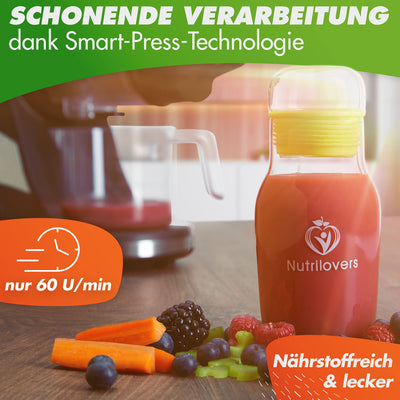 Nutrilovers Slow Juicer Entsafter Obst und Gemüse - Deutsche Marke - Kompaktes Design Edelstahl, 100% BPA-frei, Leichte Reinigung - Inkl. Rezepte-Ebook + Nutri-App