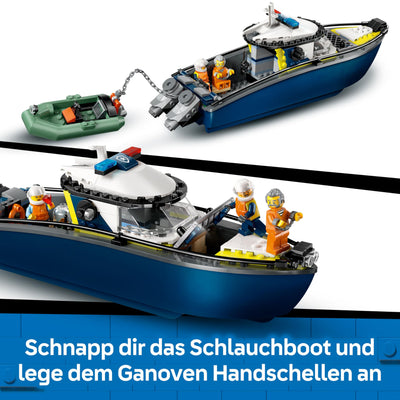 LEGO City Verfolgungsjagd im Polizeiboot – Spielset mit schwimmfähigem Schnellboot, Schlauchboot des Ganoven, 3 Mini-Figuren und Einer Haifigur – Geschenk für Jungen und Mädchen ab 6 Jahren – 60456