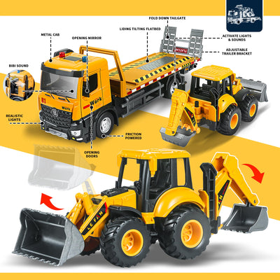 FUYLEY Abschleppwagen Spielzeug, Metallkabine Flachbett Abschleppwagen Spielzeug für Jungen Alter 3-7 mit Baggerlader, Reibung angetrieben Anhänger Baufahrzeuge mit Lichtern Sounds