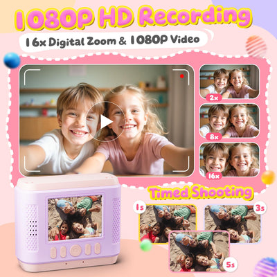 CalineGam Kinderkamera Sofortbildkamera, 1080P HD Sofortbildkamera Kinder mit 32GB Karte, 2,4 Zoll Digitalkamera Kinder, Kinderspielzeug Geschenke für Jungen und Mädchen 3-12 Jahre (Rosa)
