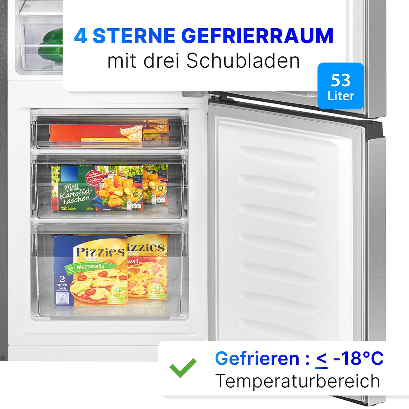 Bomann® Kühlschrank mit Gefrierfach 143cm hoch | Kühl Gefrierkombination 175L mit 3 Ablagen & 3 Schubladen | Türanschlag wechselbar | leise Kühlgefrierkombi 39db | Kühlschrank KG 322.1 inox-look