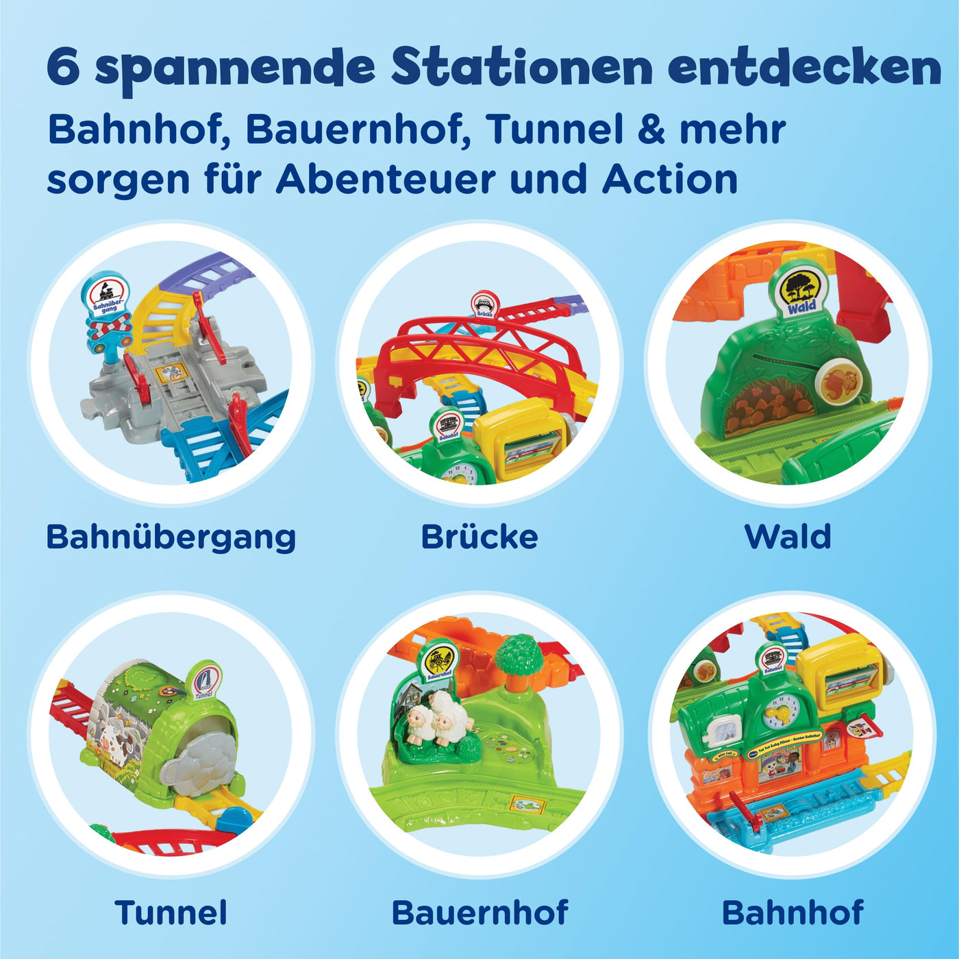 VTech TUT TUT Baby Flitzer – Bunter Bahnhof | Interaktives Spielset mit motorisiertem Zug, 2 Waggons, 70+ Melodien & Geräuschen, 19+ Schienen & 6 Spielbereichen, ab 1 Jahr