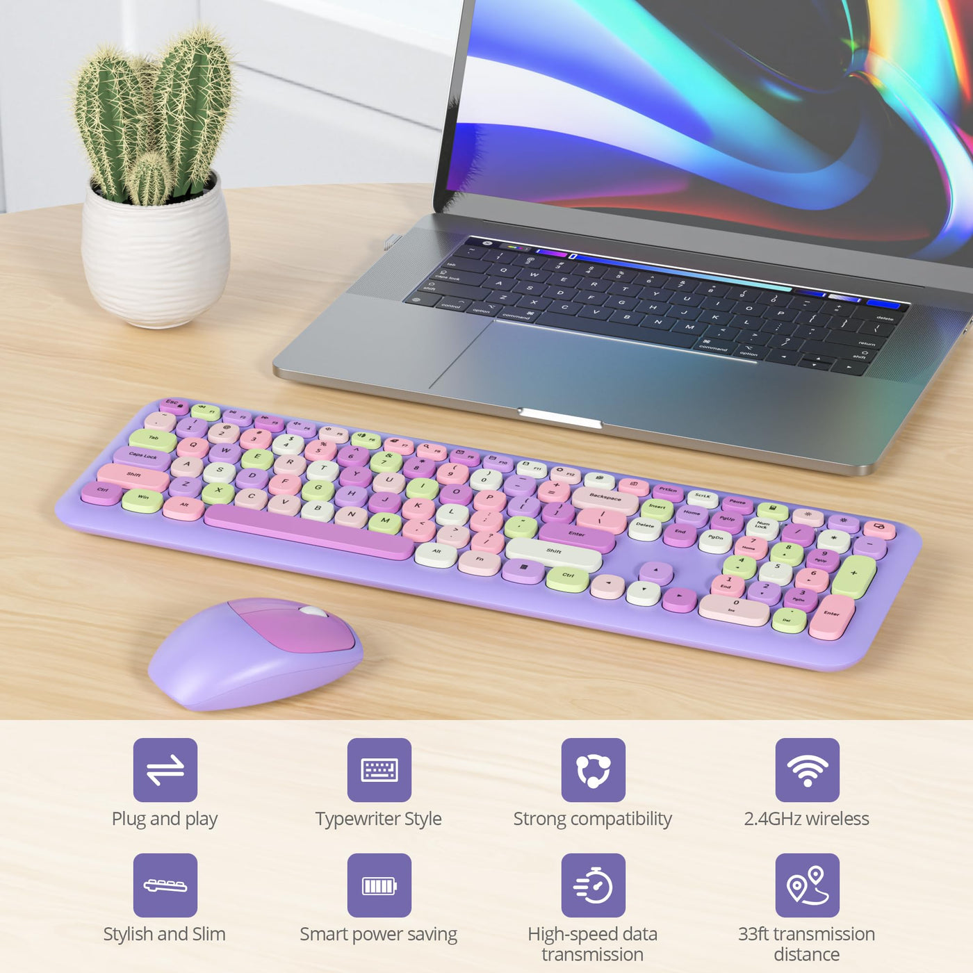 SOLIDEE Buntes kabellose Tastatur und Maus-Kombination,2.4GHz Retro Schreibmaschine Tastatur,104 Tasten in voller mit Ziffernblock,Leise membran Tastatur(Amerikanisch QWERTY)(Purple)