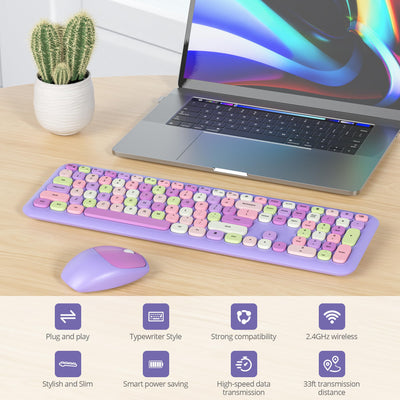 SOLIDEE Buntes kabellose Tastatur und Maus-Kombination,2.4GHz Retro Schreibmaschine Tastatur,104 Tasten in voller mit Ziffernblock,Leise membran Tastatur(Amerikanisch QWERTY)(Purple)