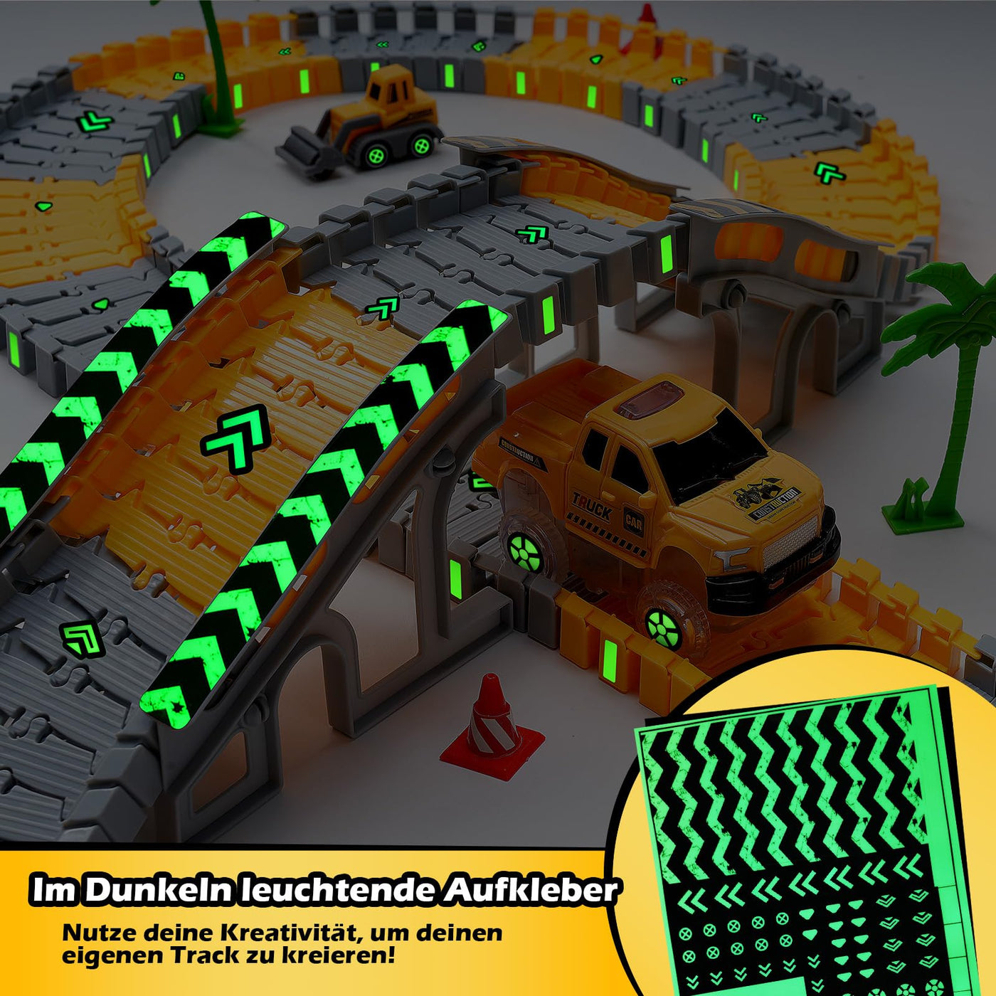 Autorennbahn ab 3 4 5 6 7 8 Jahre, 264 Stück 5 Cars Bagger Spielzeug Autorennbahn Rennbahn 2 Glow Elektroautos,3 Bauwagen,Flexibles DIY Gleis-Set Flexible Track Kran Spiele