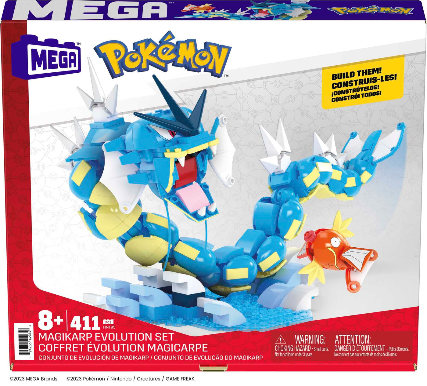 MEGA POKÉMON Karpador Evolutionsset - 411-teiliges Bauset mit Garados und Wasserlandschaft für dynamische Ausstellmöglichkeiten, 12 Verbindungspunkte, für Kinder ab 8 Jahren, HNT95