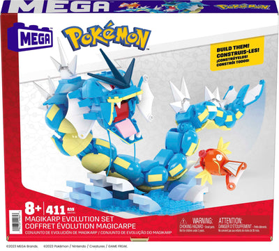 MEGA POKÉMON Karpador Evolutionsset - 411-teiliges Bauset mit Garados und Wasserlandschaft für dynamische Ausstellmöglichkeiten, 12 Verbindungspunkte, für Kinder ab 8 Jahren, HNT95