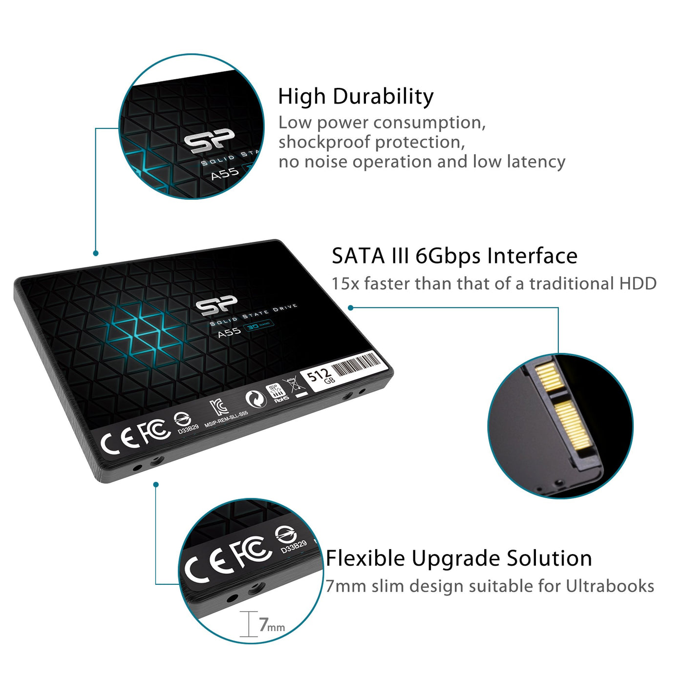 Silicon Power SSD 512GB 3D NAND A55 SLC Cache Performance Boost 2,5 Zoll SATA III 7mm (0,28") Interne SSD, Festkörper-Laufwerk
