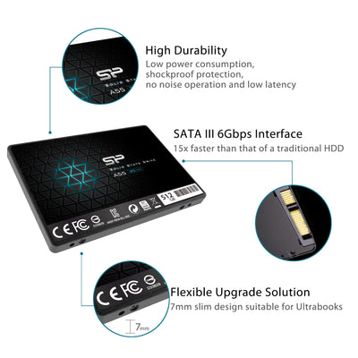 Silicon Power SSD 512GB 3D NAND A55 SLC Cache Performance Boost 2,5 Zoll SATA III 7mm (0,28") Interne SSD, Festkörper-Laufwerk