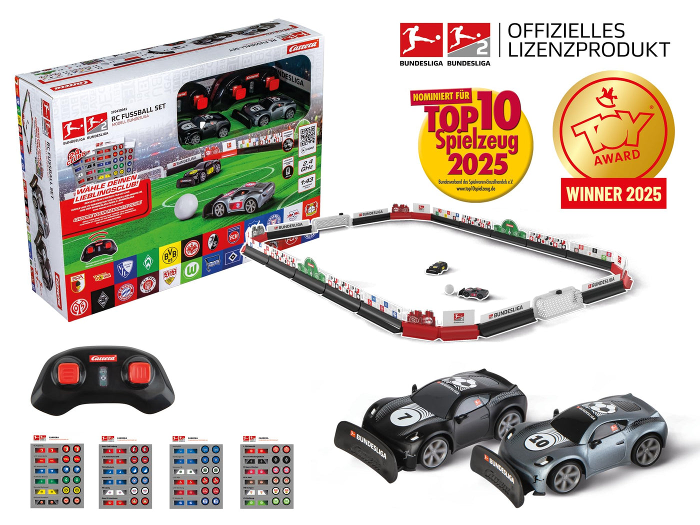Carrera RC Fahrzeug Bundesliga Soccer Set I Spielfeld mit 2 Mini-RC-Autos – Tore, Ball, Sticker & Banden I Rennaction trifft Fußballspiel I Für Kinder ab 6 Jahren