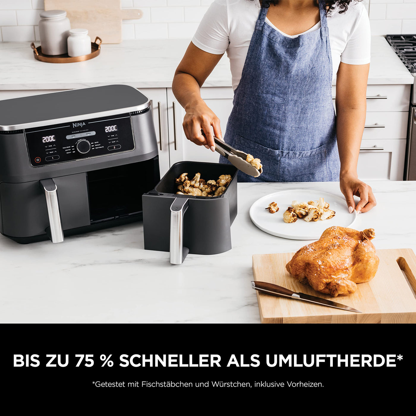 Ninja Foodi Dual Zone Airfryer Heißluftfritteuse, 2 Fächer, 7,6 l, 4-in-1, ohne Öl, Heißluftfrittieren, Max Crisp, Braten, Aufwärmen, antihaft, spülmaschinenfester Korb & Knusperblech, Schwarz AF200EU