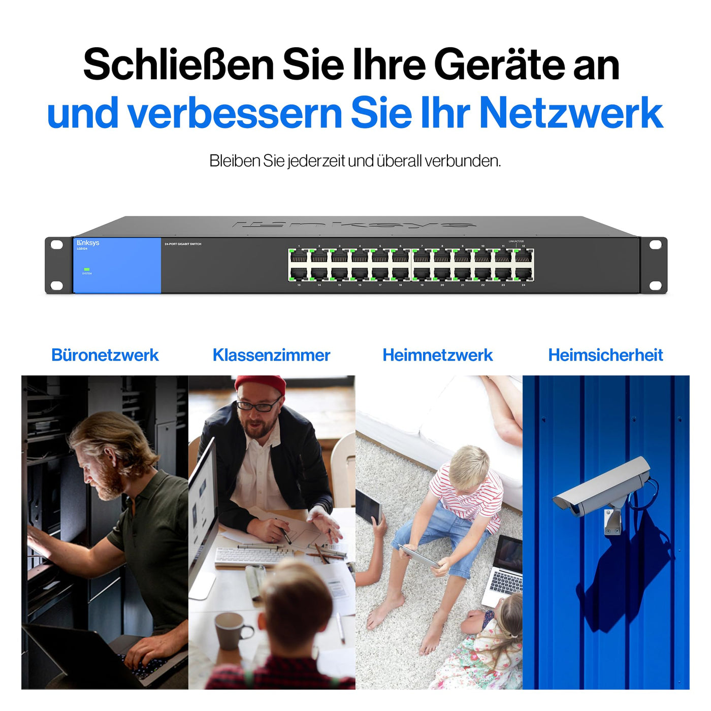 Linksys LGS124-EU 24-Port Unmanaged Gigabit-Netzwerk-Switch – Ethernet-Switch/Hub mit Metallgehäuse, Splitter – Platzierung an der Wand oder auf dem Schreibtisch im Büro oder zu Hause, Plug-and-Play